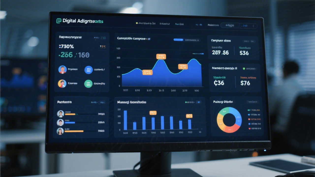 Digital advertising dashboard on a monitor with performance charts, cost metrics, and audience segments, representing professional campaign management.