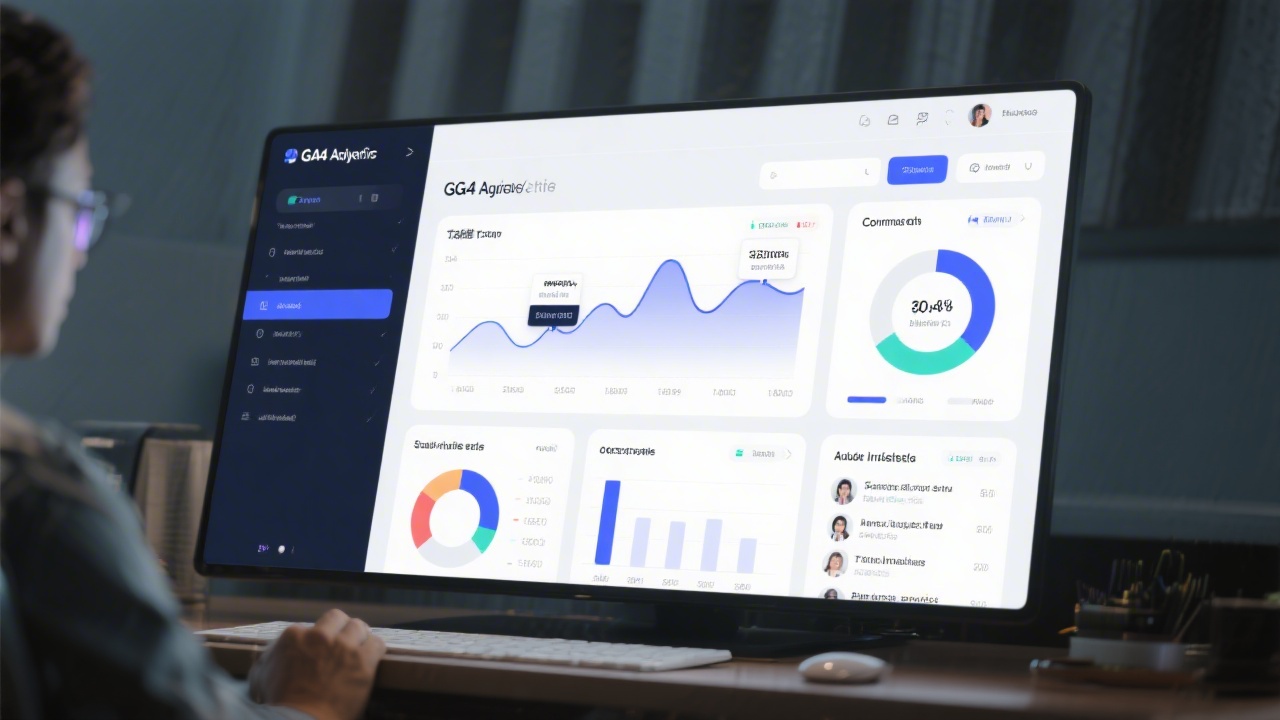 GA4 analytics interface on a large screen with traffic trends, conversion events, and audience insights, depicting data-driven decision making.