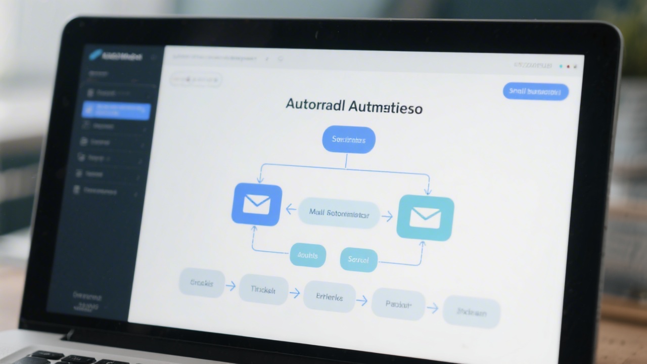 Automation workflow diagram on a screen with email sequences and triggers, representing structured marketing automation for small businesses.