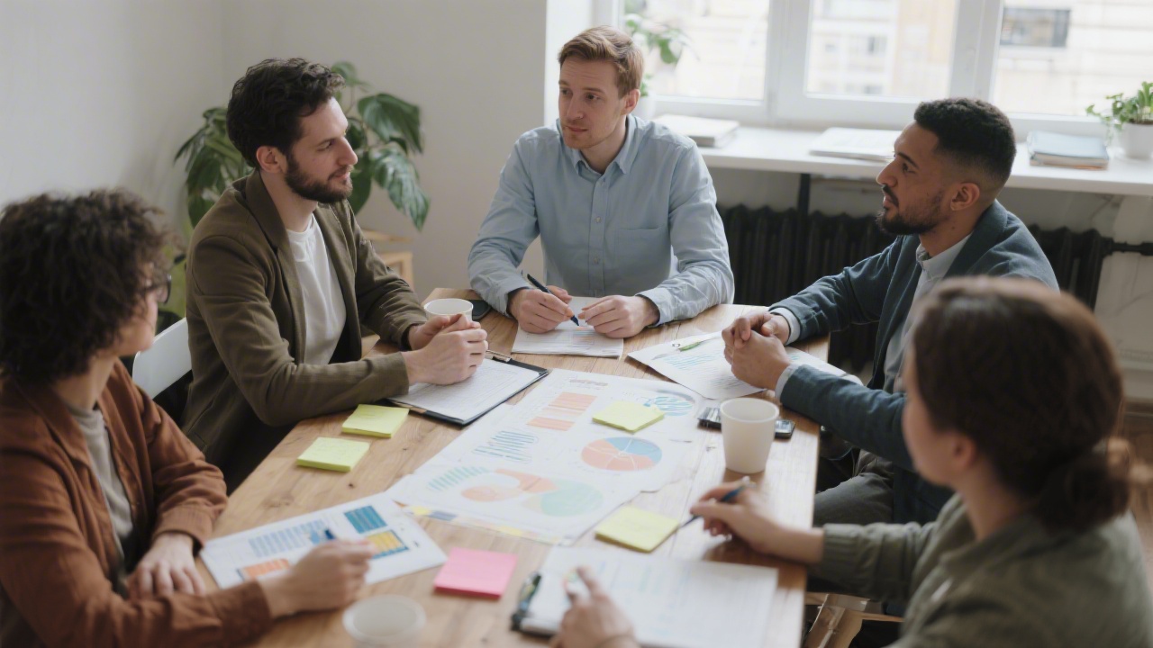 Consulting session with a small business team around a table, reviewing marketing plans and notes, emphasizing collaborative decision making.
