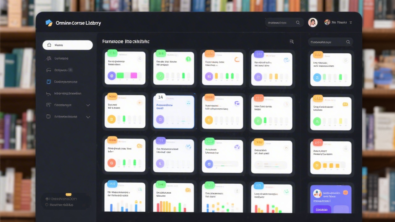 Online course library interface with multiple modules, progress indicators, and organized lesson cards, representing a structured learning environment.