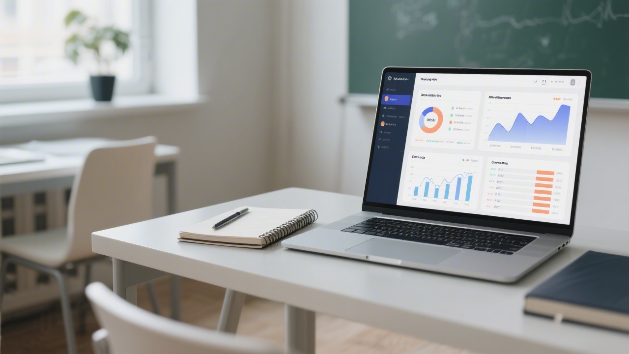 Modern online classroom scene with a laptop, notebook, and analytics dashboards on screen, representing professional digital marketing training in a calm study environment.