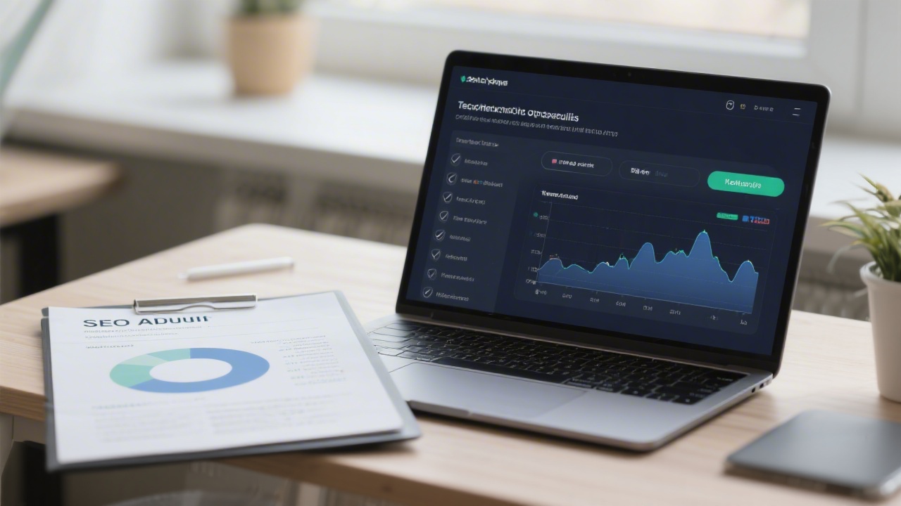 SEO audit report on a desk with a laptop showing technical checklist and keyword analysis, conveying careful optimization work.