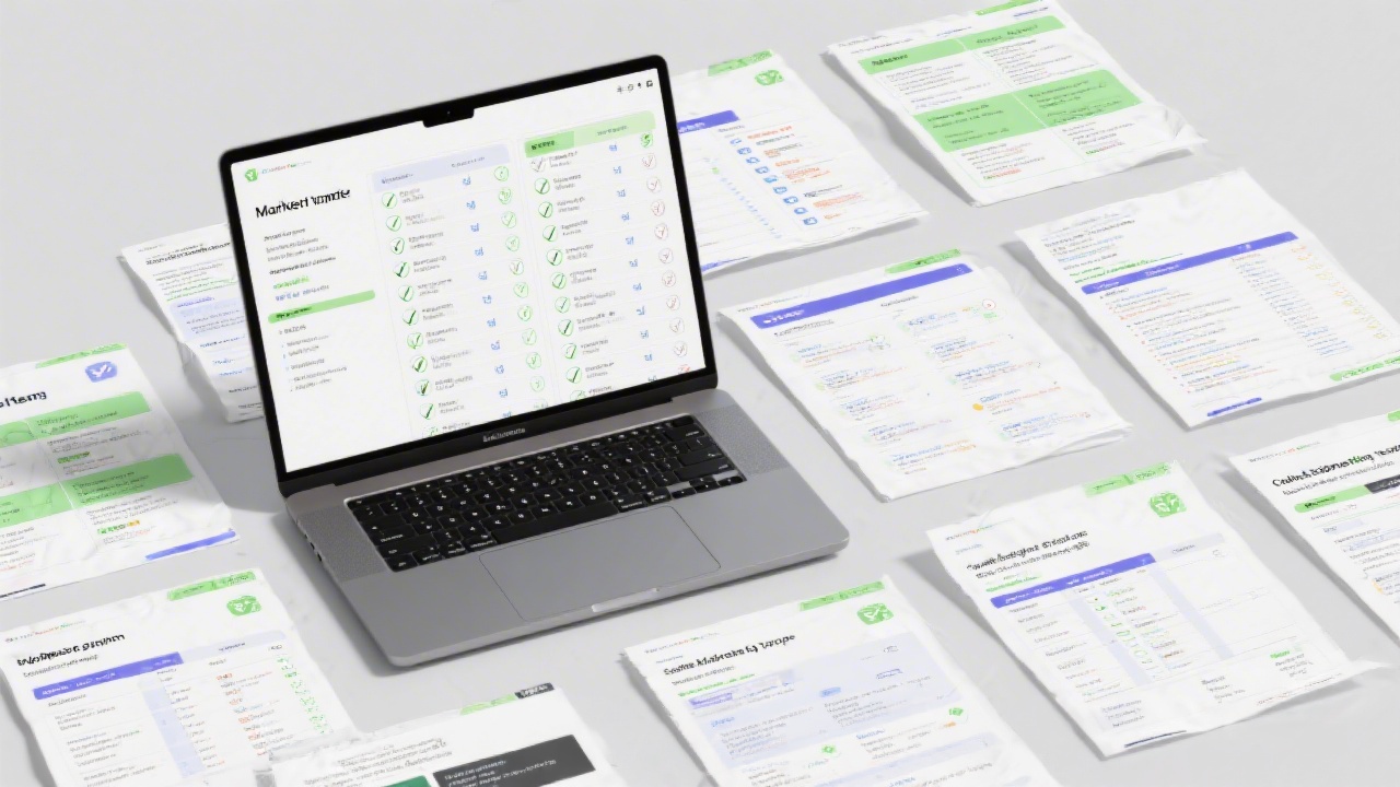 Collection of editable marketing templates displayed on a laptop and printed sheets, showcasing structured checklists and planning documents for small business teams.